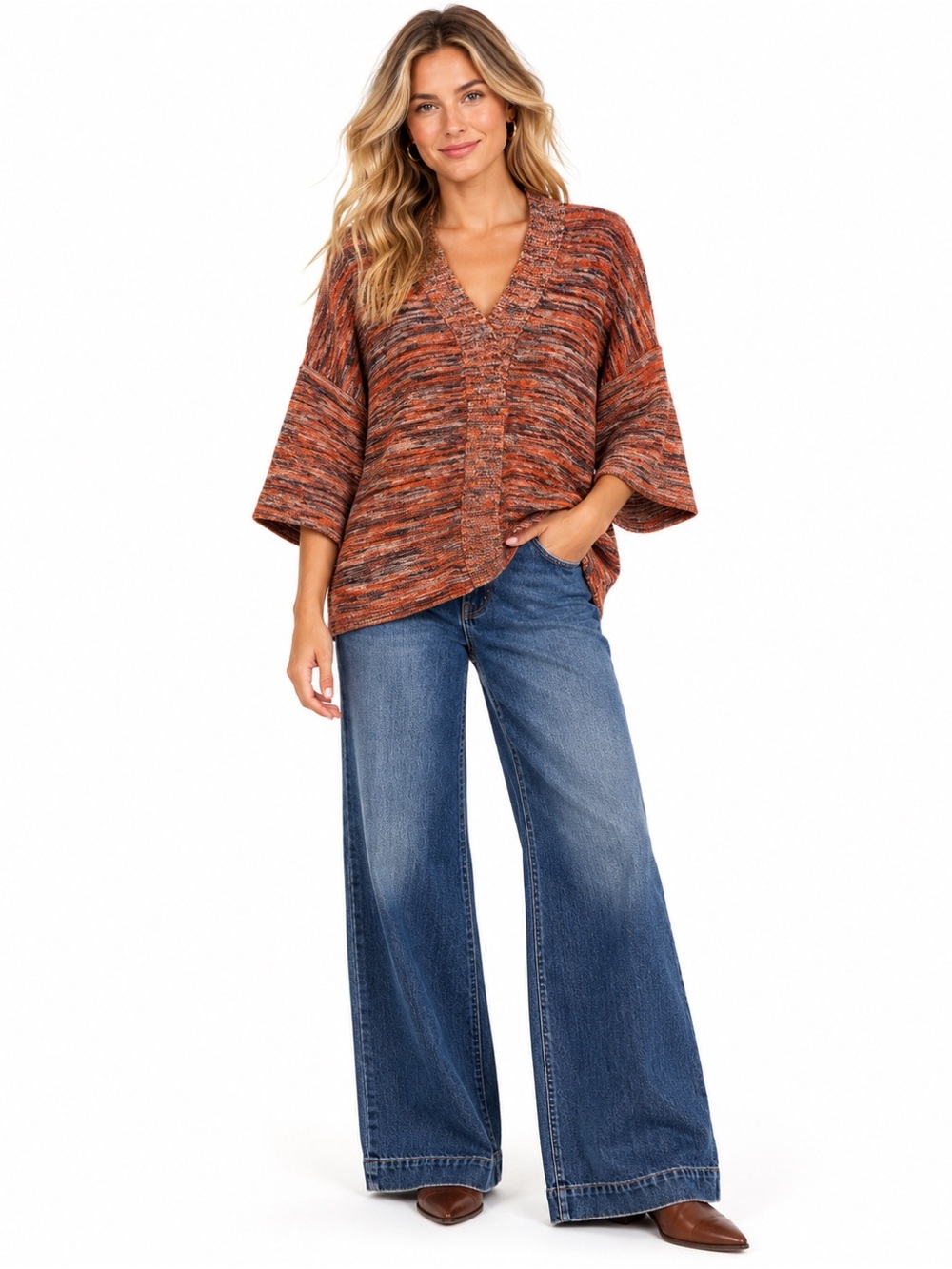 J Jill Pure Jill Orange Space Dye Knit Open Front Kimono Cardigan Boho
